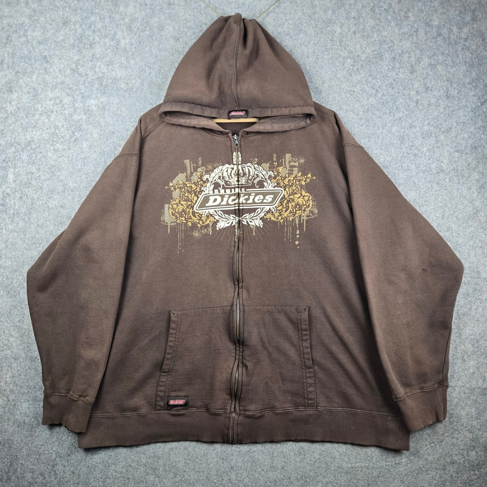 Vintage Dickies Zip Up Hoodie Mens 2XL Brown Graphic Crown Logo Faded Workwear